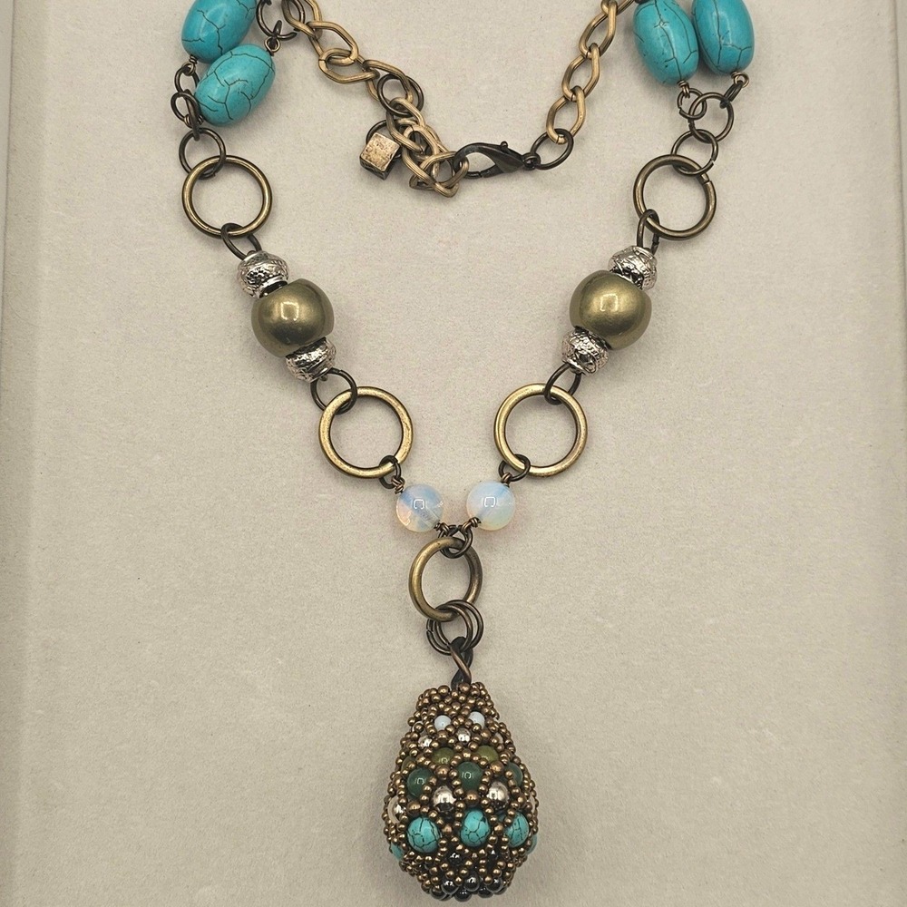 Bronze & Turquoise Tone Beaded Pendant Necklace 22" Boho Chic Earthy Southwest - Picture 1 of 16